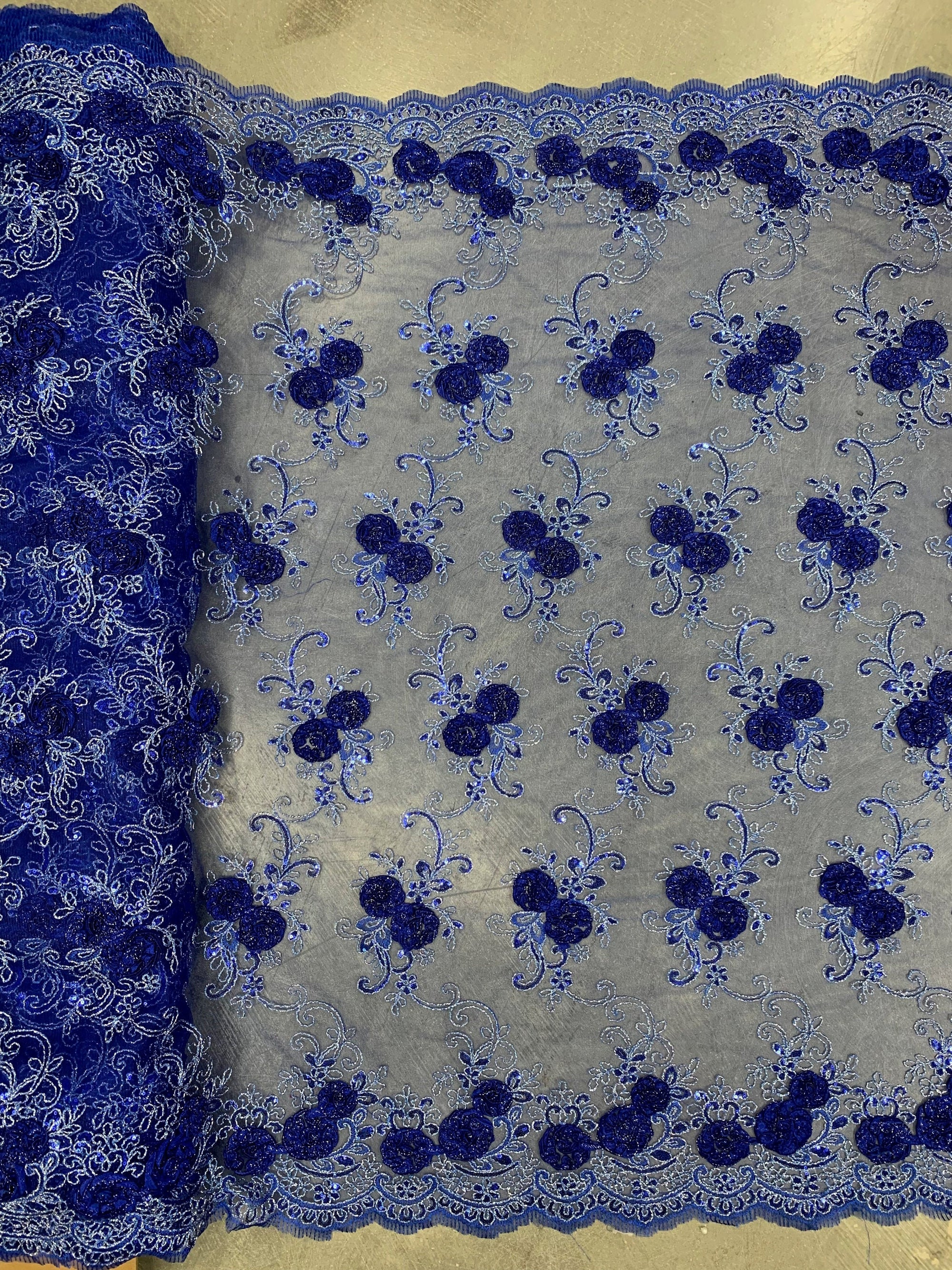 Ryleigh ROYAL BLUE 3D Floral Embroidery with Foil & Sequins on Mesh Lace Fabric by the Yard - 10010