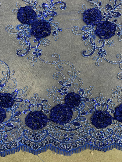 Ryleigh ROYAL BLUE 3D Floral Embroidery with Foil & Sequins on Mesh Lace Fabric by the Yard - 10010