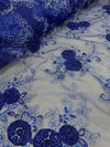 Ryleigh ROYAL BLUE 3D Floral Embroidery with Foil & Sequins on Mesh Lace Fabric by the Yard - 10010