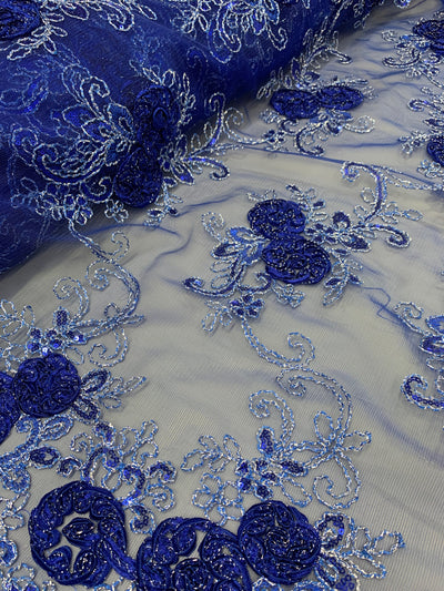 Ryleigh ROYAL BLUE 3D Floral Embroidery with Foil & Sequins on Mesh Lace Fabric by the Yard - 10010