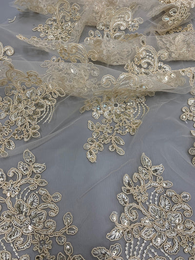 Brianna CREAM Polyester Floral Embroidery with Sequins on Mesh Lace Fabric by the Yard - 10020