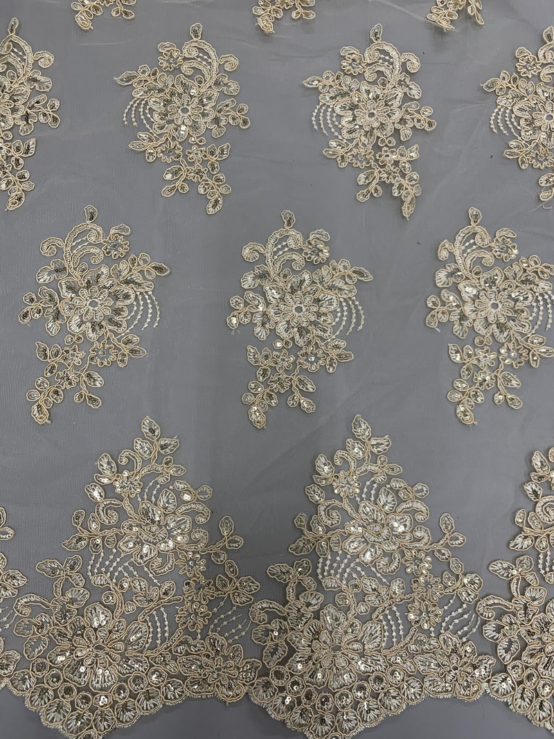 Brianna CREAM Polyester Floral Embroidery with Sequins on Mesh Lace Fabric by the Yard - 10020
