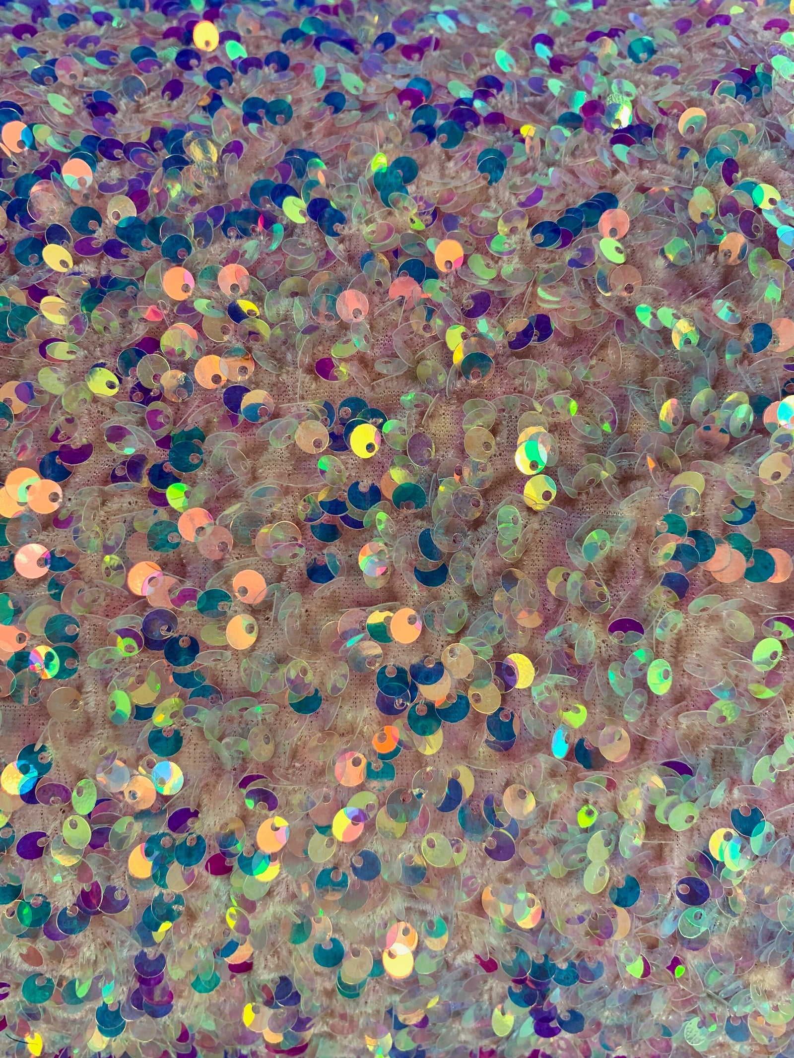 Stephanie IRIDESCENT BLUSH Overlap Sequins on BLUSH Stretch Velvet Fabric for Gowns, Apparel, Costumes, Crafts - 10185