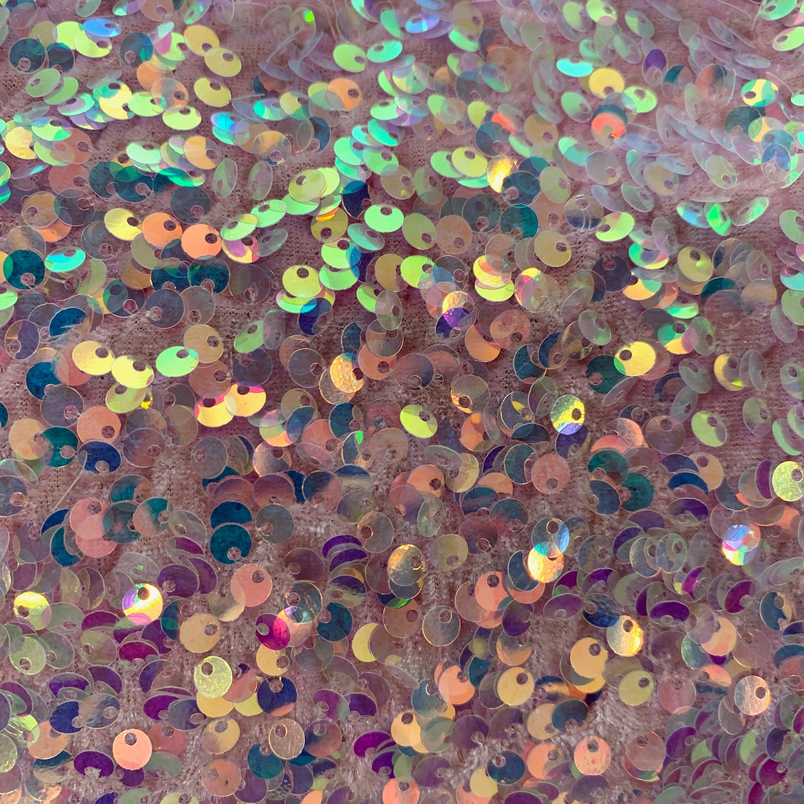 Stephanie IRIDESCENT BLUSH Overlap Sequins on BLUSH Stretch Velvet Fabric for Gowns, Apparel, Costumes, Crafts - 10185