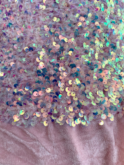 Stephanie IRIDESCENT BLUSH Overlap Sequins on BLUSH Stretch Velvet Fabric for Gowns, Apparel, Costumes, Crafts - 10185