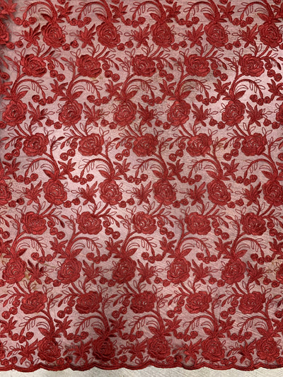 Dakota BURGUNDY Polyester Corded Floral Embroidery on Mesh Lace Fabric by the Yard - 10043