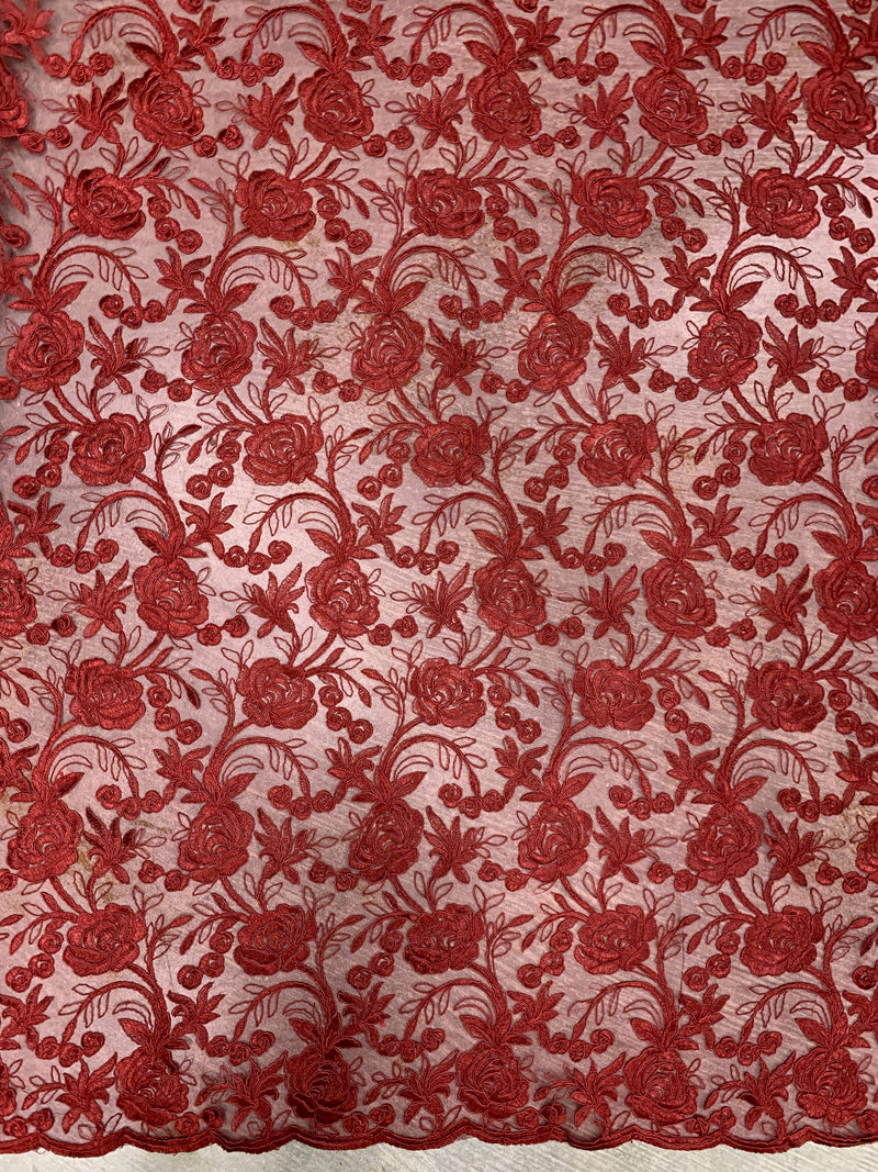 Dakota BURGUNDY Polyester Corded Floral Embroidery on Mesh Lace Fabric by the Yard - 10043