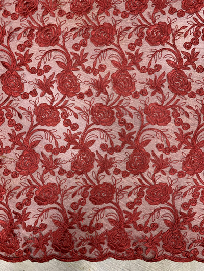 Dakota BURGUNDY Polyester Corded Floral Embroidery on Mesh Lace Fabric by the Yard - 10043