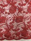 Dakota BURGUNDY Polyester Corded Floral Embroidery on Mesh Lace Fabric by the Yard - 10043