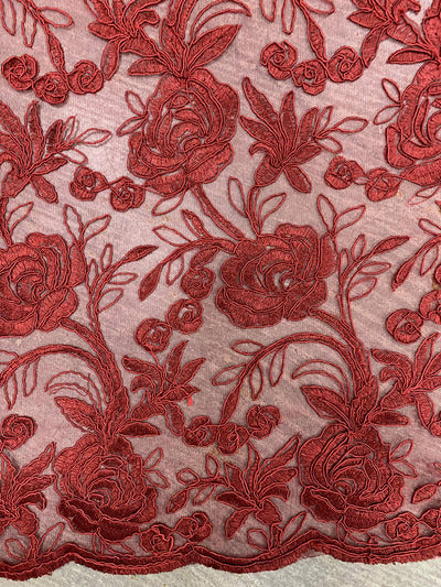 Dakota BURGUNDY Polyester Corded Floral Embroidery on Mesh Lace Fabric by the Yard - 10043