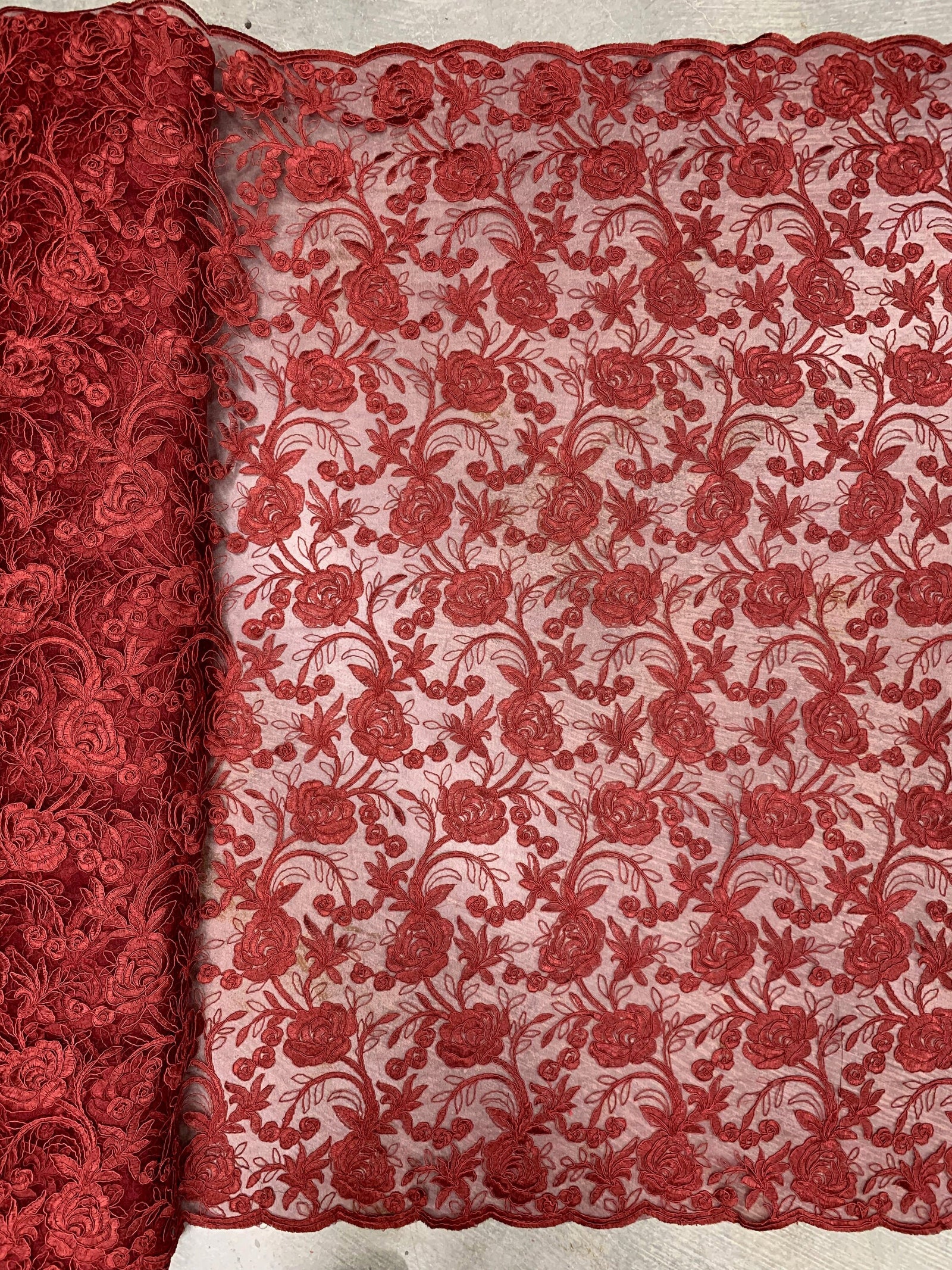 Dakota BURGUNDY Polyester Corded Floral Embroidery on Mesh Lace Fabric by the Yard - 10043