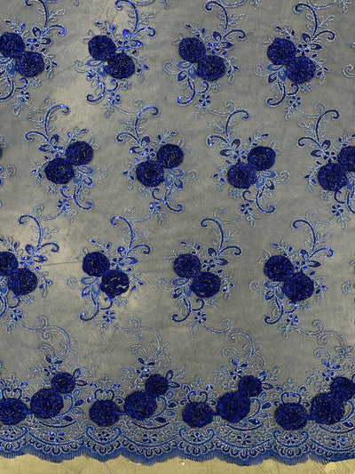 Ryleigh ROYAL BLUE 3D Floral Embroidery with Foil & Sequins on Mesh Lace Fabric by the Yard - 10010