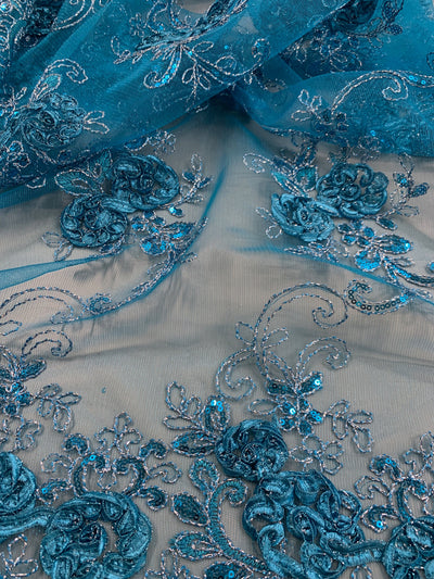 Ryleigh TURQUOISE 3D Floral Embroidery with Foil & Sequins on Mesh Lace Fabric by the Yard - 10010