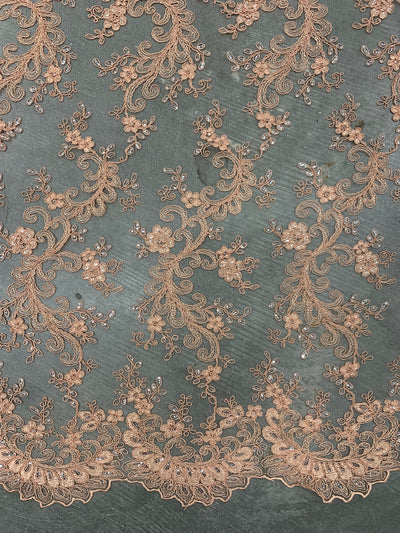 Melody PEACH Polyester Floral Embroidery with Sequins on Mesh Lace Fabric by the Yard for Gown, Wedding, Bridesmaid, Prom - 10002