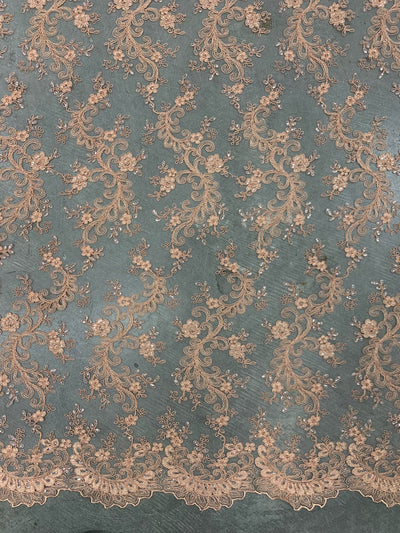 Melody PEACH Polyester Floral Embroidery with Sequins on Mesh Lace Fabric by the Yard for Gown, Wedding, Bridesmaid, Prom - 10002