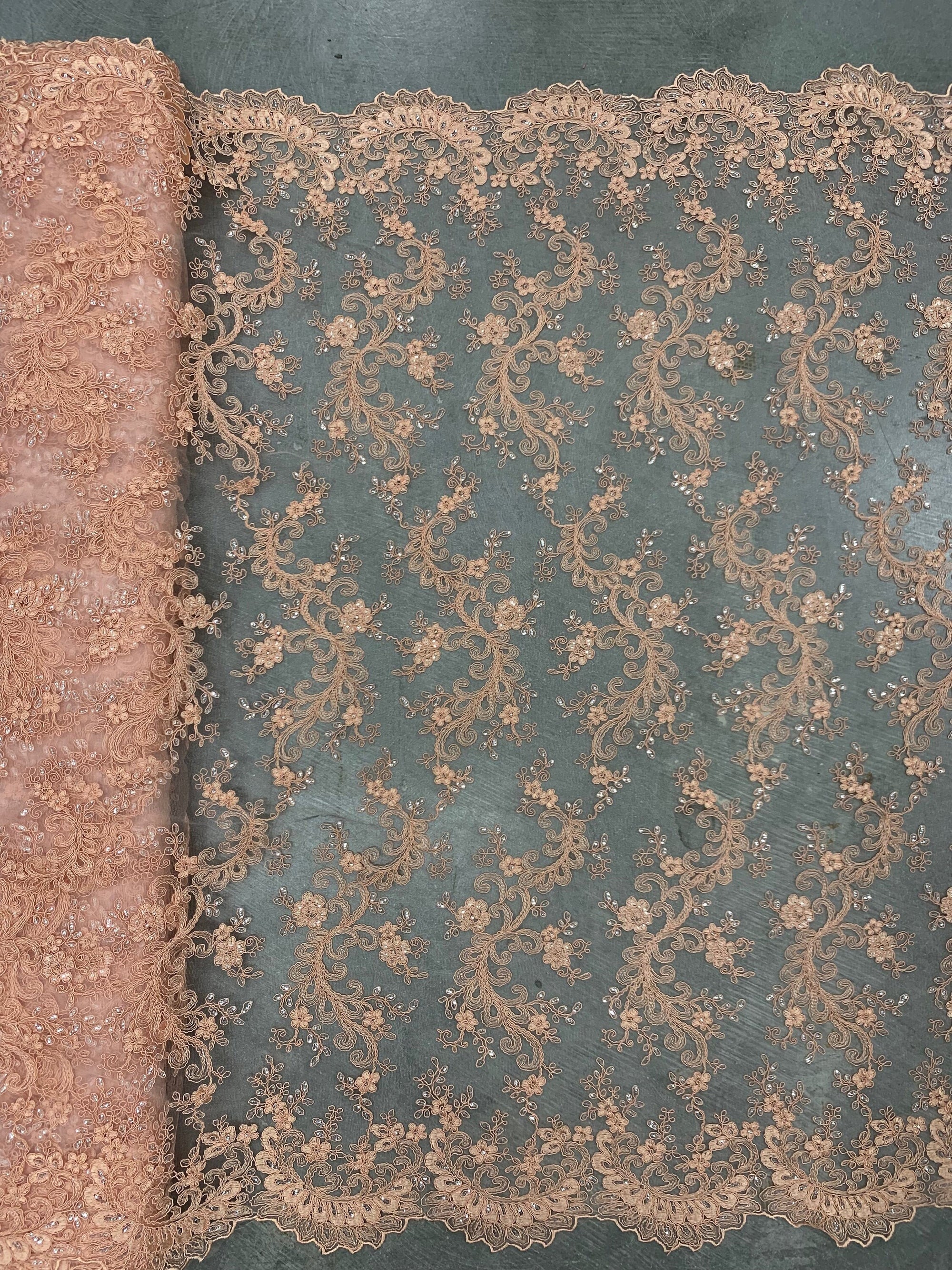 Melody PEACH Polyester Floral Embroidery with Sequins on Mesh Lace Fabric by the Yard for Gown, Wedding, Bridesmaid, Prom - 10002