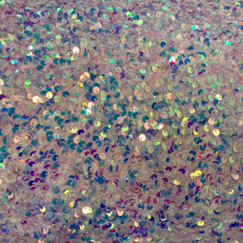 Stephanie IRIDESCENT BLUSH Overlap Sequins on BLUSH Stretch Velvet Fabric for Gowns, Apparel, Costumes, Crafts - 10185