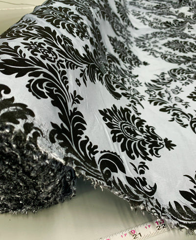 Amanda SILVER Taffeta with BLACK Velvet Flocked Damask Fabric by the Yard - 10078