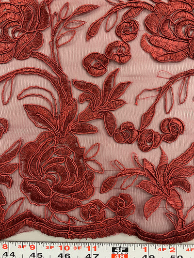 Dakota BURGUNDY Polyester Corded Floral Embroidery on Mesh Lace Fabric by the Yard - 10043