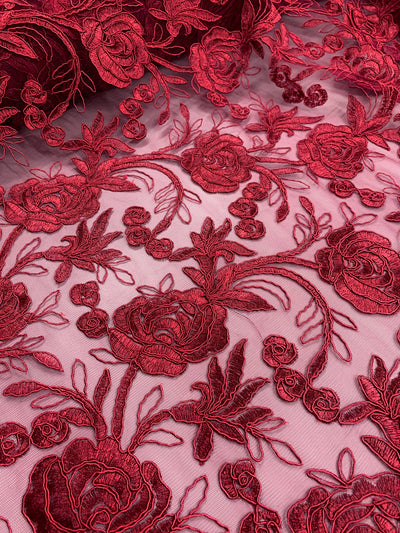 Dakota BURGUNDY Polyester Corded Floral Embroidery on Mesh Lace Fabric by the Yard - 10043