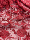 Dakota BURGUNDY Polyester Corded Floral Embroidery on Mesh Lace Fabric by the Yard - 10043