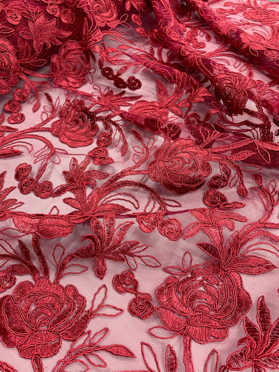 Dakota BURGUNDY Polyester Corded Floral Embroidery on Mesh Lace Fabric by the Yard - 10043
