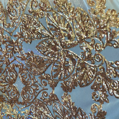 Kara GOLD Hearts and Flowers Sequins on NUDE Mesh Lace Fabric by the Yard - 10148