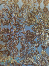 Kara GOLD Hearts and Flowers Sequins on NUDE Mesh Lace Fabric by the Yard - 10148
