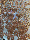 Kara GOLD Hearts and Flowers Sequins on NUDE Mesh Lace Fabric by the Yard - 10148