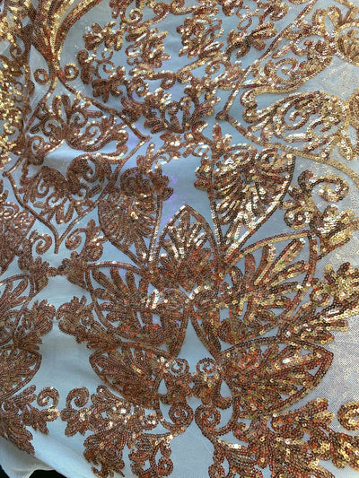 Kara GOLD Hearts and Flowers Sequins on NUDE Mesh Lace Fabric by the Yard - 10148