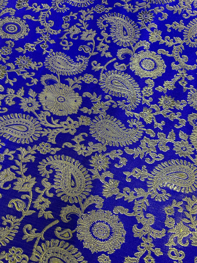 Holly ROYAL BLUE GOLD Paisley Floral Brocade Chinese Satin Fabric by the Yard - 10129
