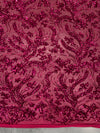 Erin HOT PINK Flowers and Leaves Sequins on Mesh Lace Fabric by the Yard - 10063