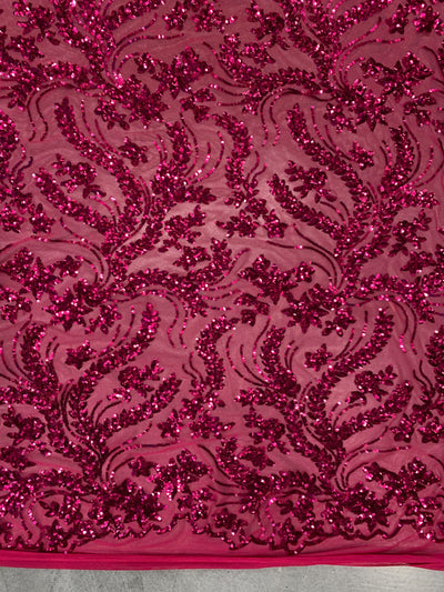 Erin HOT PINK Flowers and Leaves Sequins on Mesh Lace Fabric by the Yard - 10063