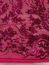 Erin HOT PINK Flowers and Leaves Sequins on Mesh Lace Fabric by the Yard - 10063