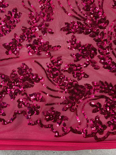 Erin HOT PINK Flowers and Leaves Sequins on Mesh Lace Fabric by the Yard - 10063