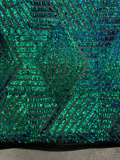 Thea IRIDESCENT GREEN BLUE Geometric Sequins Diamond & Stripes on Mesh Lace Fabric by the Yard - 10026