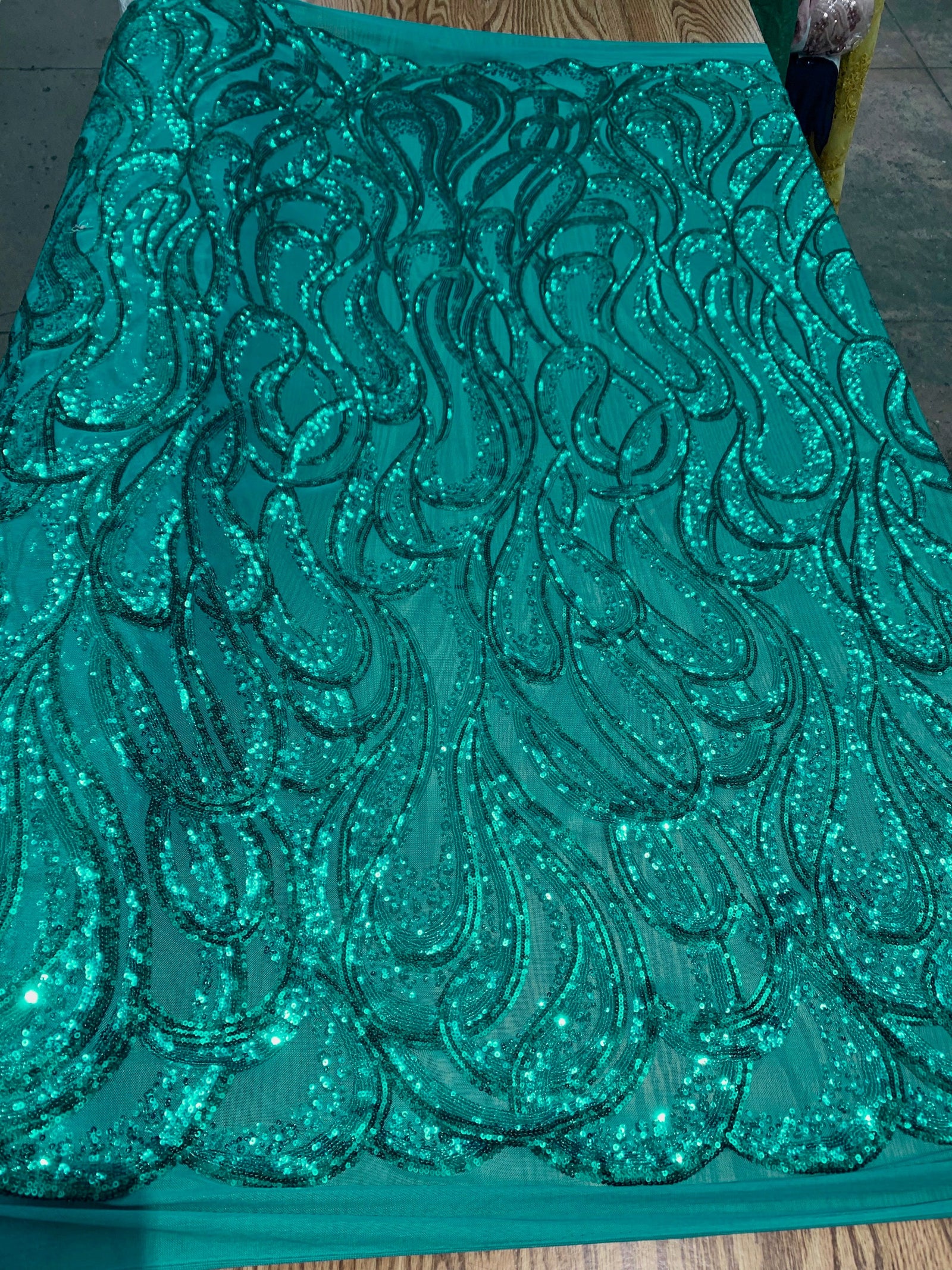Lorelei TEAL Swirls Sequins on Mesh Lace Fabric by the Yard - 10133