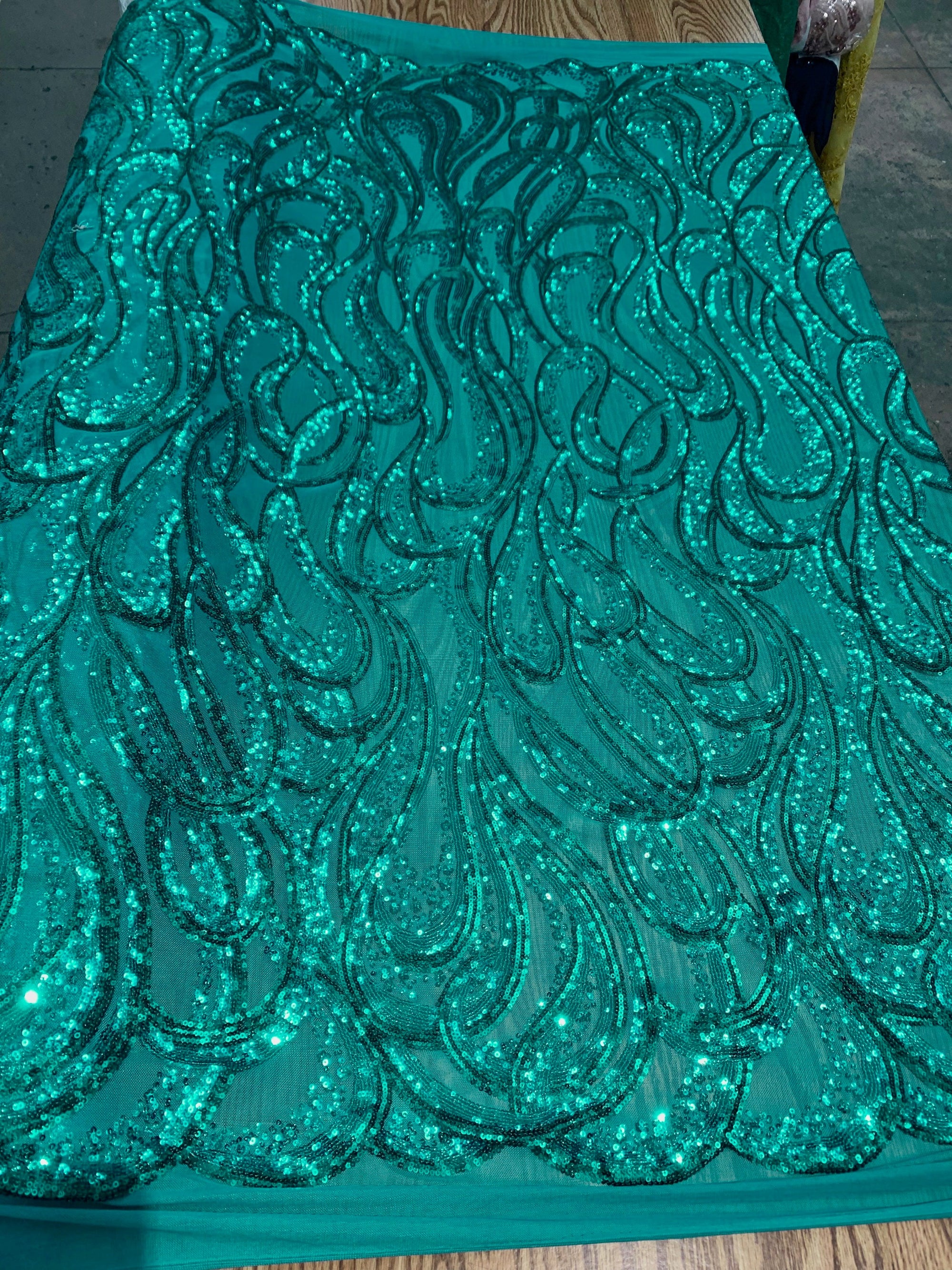 Lorelei TEAL Swirls Sequins on Mesh Lace Fabric by the Yard - 10133