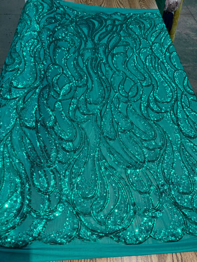 Lorelei TEAL Swirls Sequins on Mesh Lace Fabric by the Yard - 10133