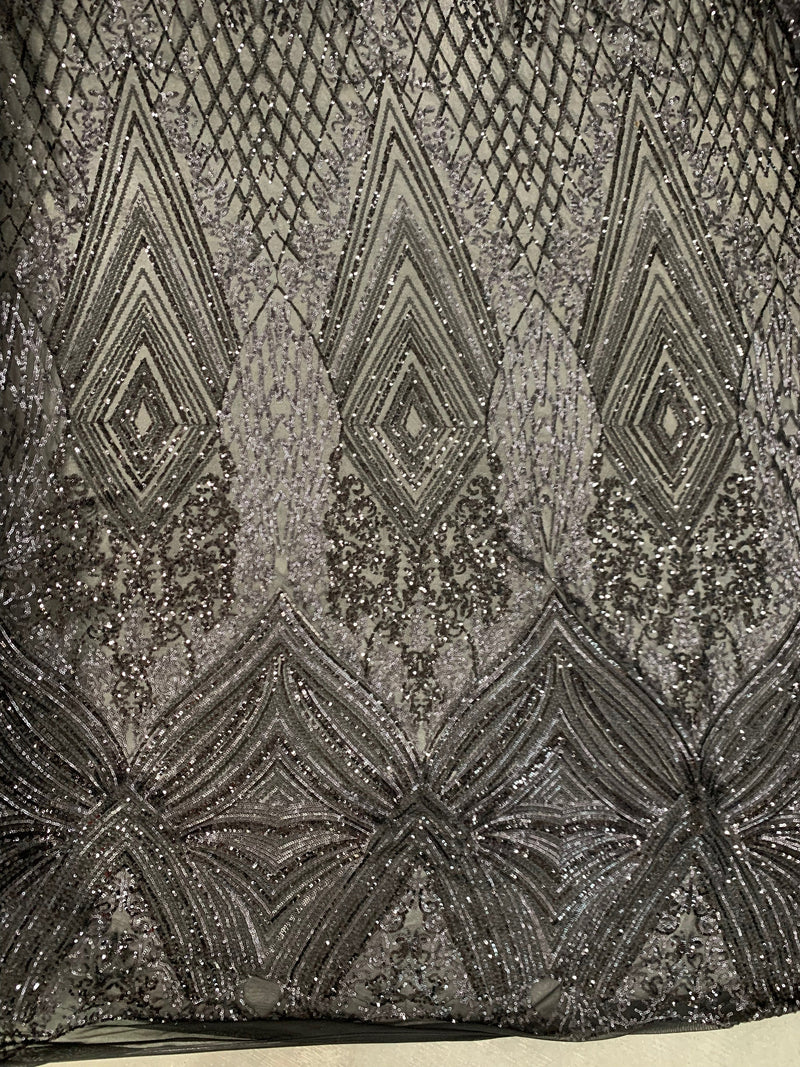 Averie BLACK Geometric Butterfly Sequins on Mesh Lace Fabric by the Yard - 10113