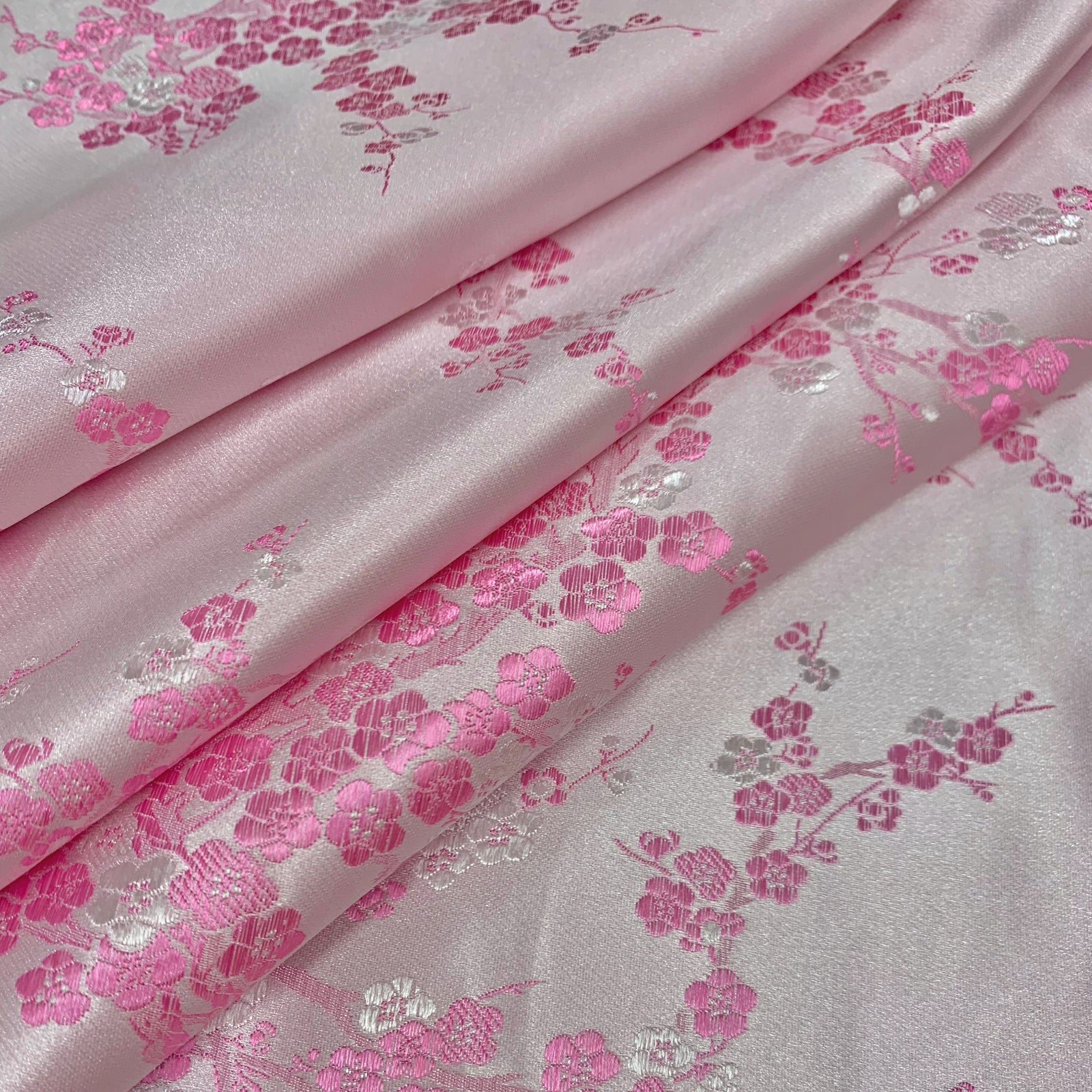 Kori LIGHT PINK Plum Blossom Floral Brocade Chinese Satin Fabric for Cheongsam/Qipao, Apparel, Costumes, Upholstery, Bags, Crafts - 10210
