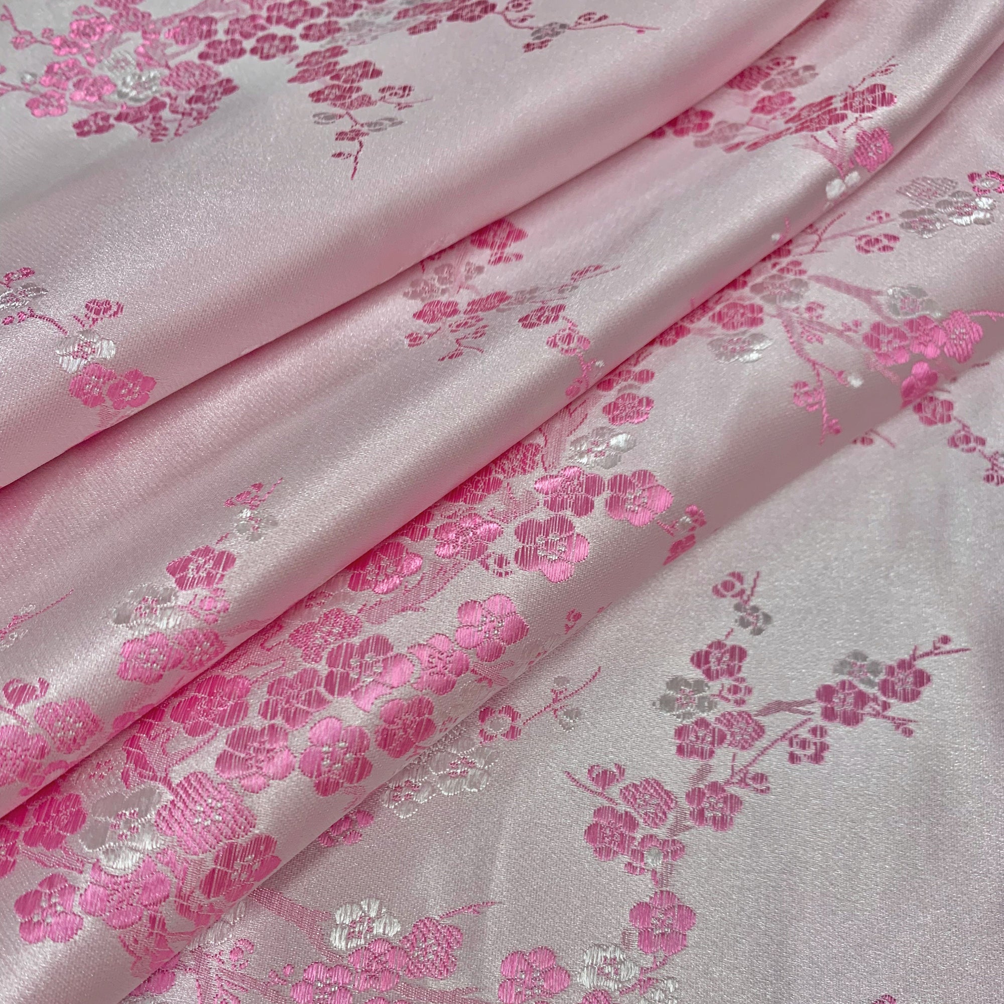 Kori LIGHT PINK Plum Blossom Floral Brocade Chinese Satin Fabric for Cheongsam/Qipao, Apparel, Costumes, Upholstery, Bags, Crafts - 10210