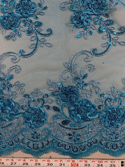 Ryleigh TURQUOISE 3D Floral Embroidery with Foil & Sequins on Mesh Lace Fabric by the Yard - 10010