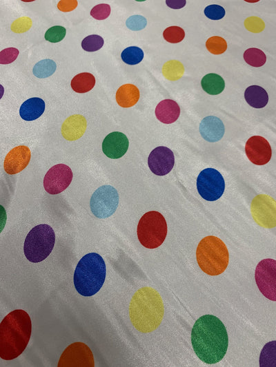 Shelby 0.75" MULTI COLOR Polka Dots on WHITE Polyester Light Weight Satin Fabric by the Yard - 10070