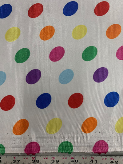 Shelby 0.75" MULTI COLOR Polka Dots on WHITE Polyester Light Weight Satin Fabric by the Yard - 10070