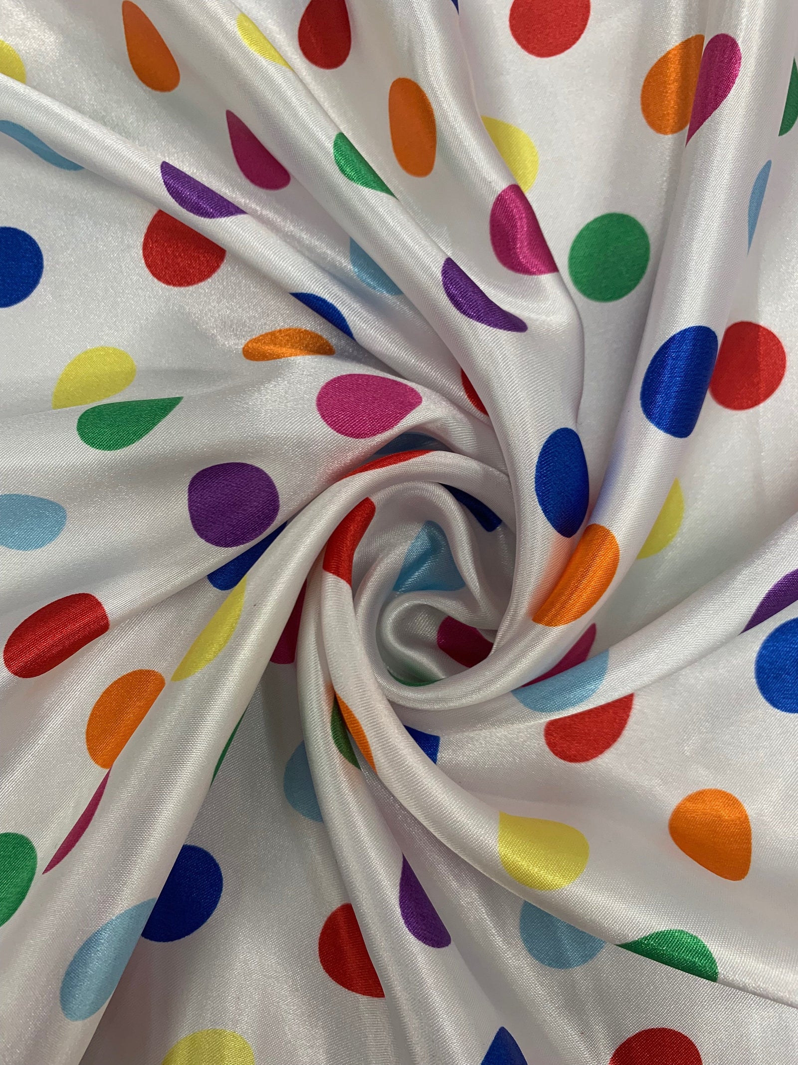 Shelby 0.75" MULTI COLOR Polka Dots on WHITE Polyester Light Weight Satin Fabric by the Yard - 10070