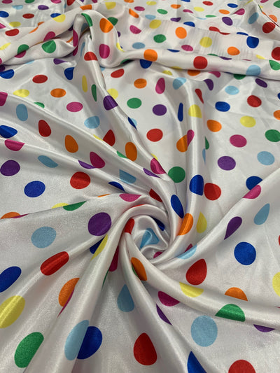 Shelby 0.75" MULTI COLOR Polka Dots on WHITE Polyester Light Weight Satin Fabric by the Yard - 10070