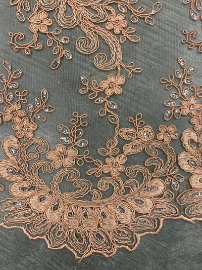 Melody PEACH Polyester Floral Embroidery with Sequins on Mesh Lace Fabric by the Yard for Gown, Wedding, Bridesmaid, Prom - 10002