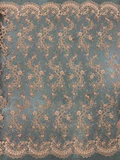 Melody PEACH Polyester Floral Embroidery with Sequins on Mesh Lace Fabric by the Yard for Gown, Wedding, Bridesmaid, Prom - 10002