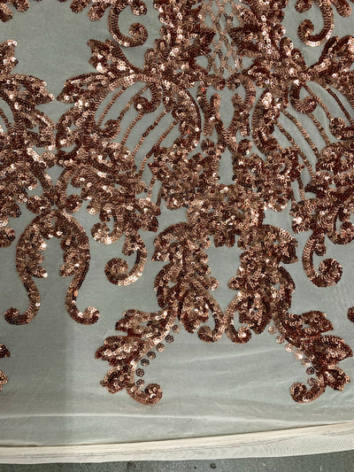 Angelica COPPER Curlicues and Leaves Sequins on Mesh Lace Fabric by the Yard - 10132